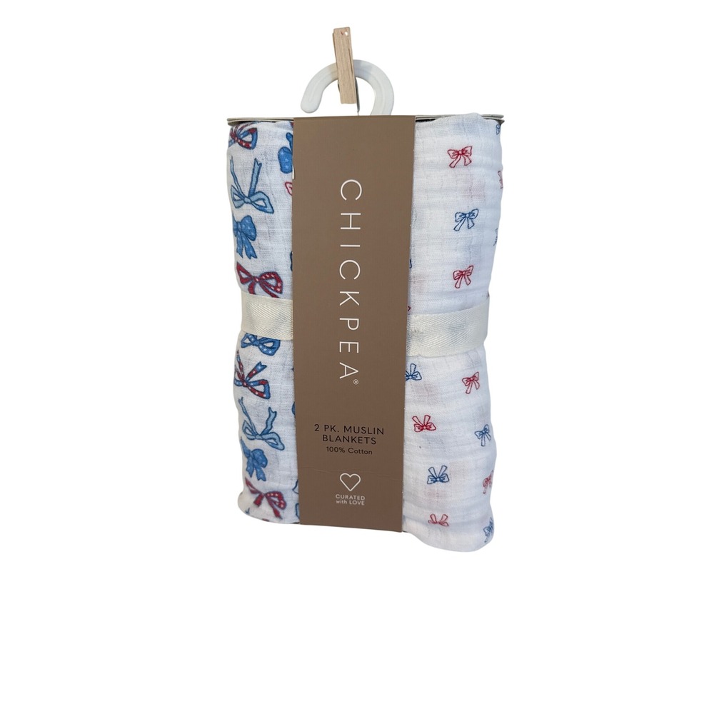 Chickpea 2 Pack Cotton Muslin Swaddle Cotton Baby Blankets Red Blue Bows 36x40